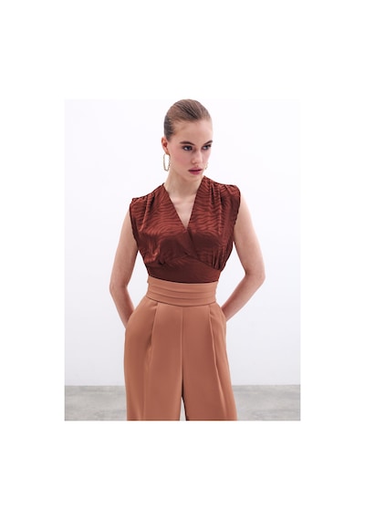 Sateen Kruvaze Desenli Saten Bluz - Kahve-134470 Kahve