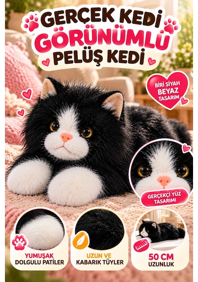 Siyah Gerçek Kedi Görünümlü Pelüş Kedi 50 Cm Uzun Tüylü Yumuşacık Sarılmalık Dekoratif Oyuncak Kedi