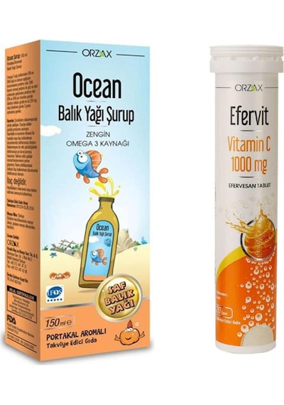 Orzax Ocean Omega 3 Portakallı Balık Yağı Şurubu 150 ML + Orzax Efervit Vitamin C 1000 Mg 20 Tablet