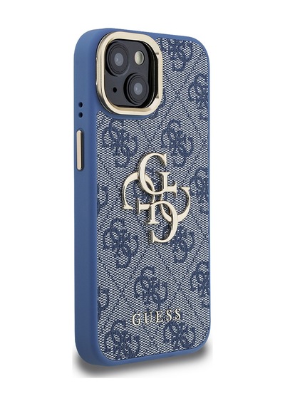 Apple iPhone 15 Uyumlu Kılıf Guess Lisanslı Metal 4g Ve Yazı Logolu Kamera Standlı Kapak Mavi
