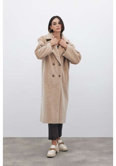 Sateen Düğmeli Kaşe Kaban - Bej-135227 Bej