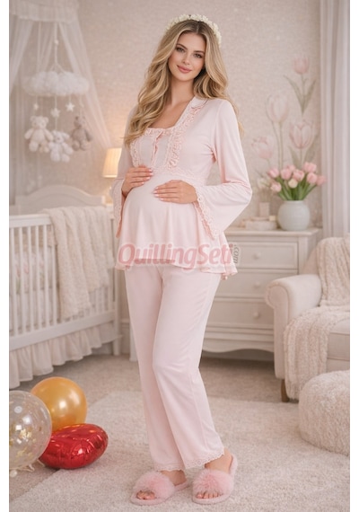 Quilling Bebe Pembe Renkli Dantel Detaylı, 33205 Uzun Kol, 2 Parça Lohusa Hamile Pijama Takımı Açık Pembe