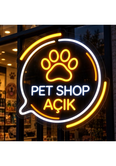 Pet Shop Açık Neon Led Tabela 60x30 Cm Işıklı Pleksi Tabela Pati Figürlü İşletme Tabelası