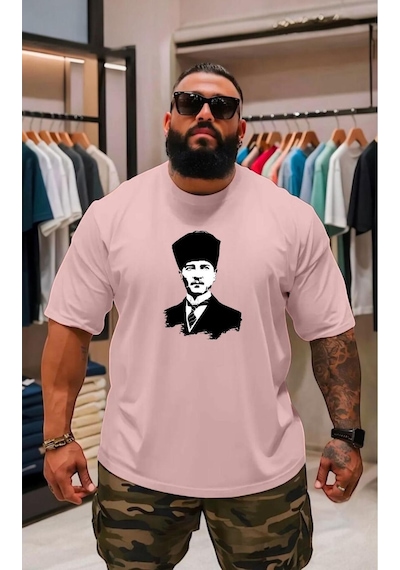 Atatürk Baskılı Oversize Unisex Tişört Pembe
