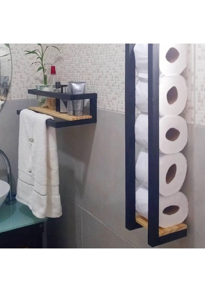 Kuzela Metal Ahşap Banyo Havluluk Raf Vetuvalet Kağıtlığı Rafı Ceviz