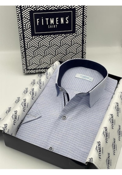 Fitmens Klasik Kısa Kol Keten Cotton Kareli Pamuk Hediye Kutulu Erkek Gömlek C.3528 - Mavi - Xl Mavi