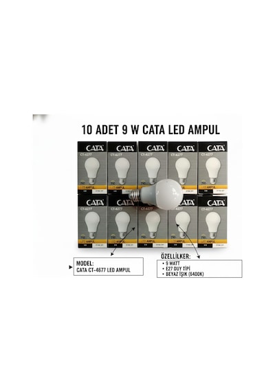 Ct-4277 9w Led Ampul Beyaz 6500k 10'lu Paket Ampul E27 Uyumlu