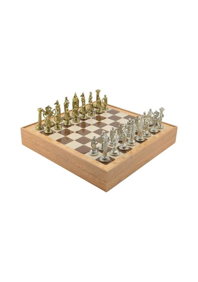 Ayrex Büyük Boy Metal İngiliz Satranç Takımı Parlak Ve Rustik Desenli Sandıklı Mdf Tahtası 36x36x6 Cm.