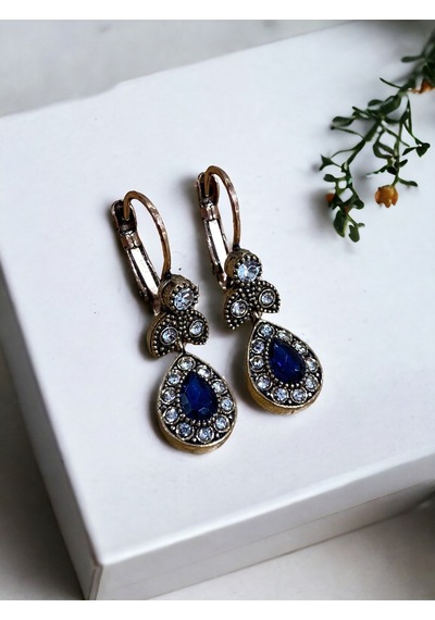 Kristal Taşlı Küçük Su Damlası Sallantılı Küpe Mavi