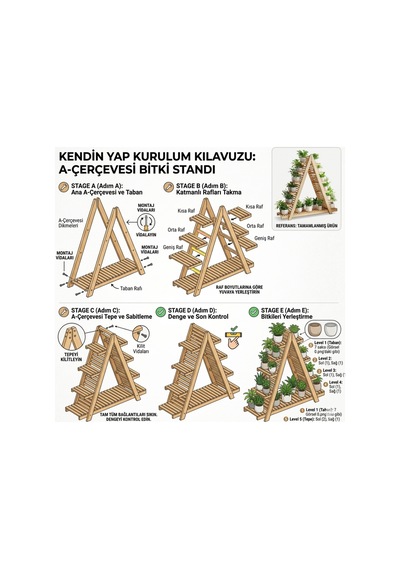150x150 Cm Dev Boy Masif Ahşap A Formlu Çiçeklik Standı - 11 Bölmeli Bahçe Balkon Saksı Rafı Bej