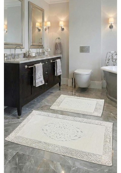 Pamukkent Süper Emici 2'li%100 Pamuk Ultra Lüks Banyo Paspası Seti 60x100 Cm Ve 50x60 Cm Beyaz Çok Renkli