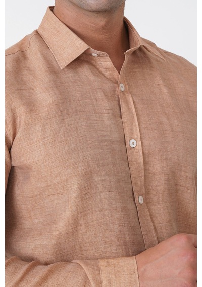 Comfort Fit Spor Yaka Kolu Katlanabilir Caramel Keten Gömlek G 1612