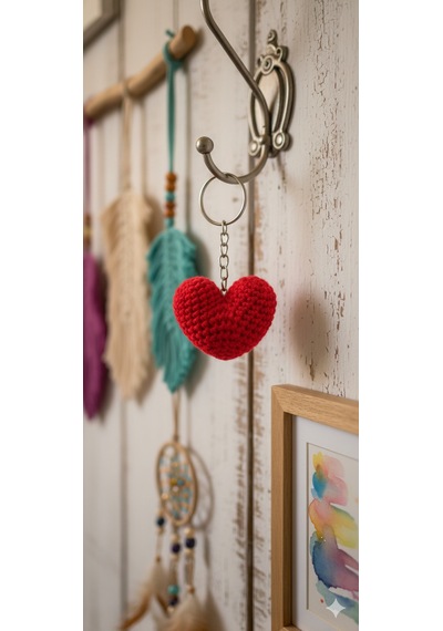 El Yapımı Amigurumi Kırmızı Kalp Anahtarlık & Çanta Süsü