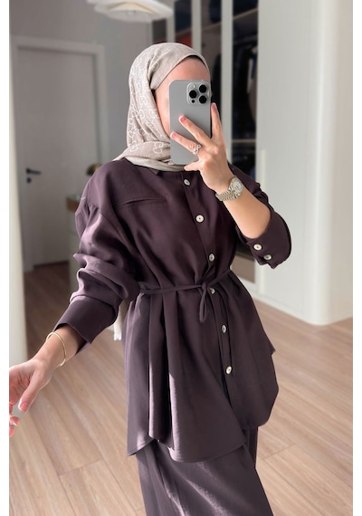 Ka Hijab Bağcıklı Bluz Pantolon Takım - Kahverengi