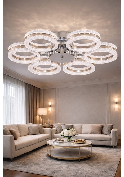 Alya 6lı Gold Plafonyer 3 Renk Led Secenekli Salon Oturma Odası Ledli Avize Gümüş