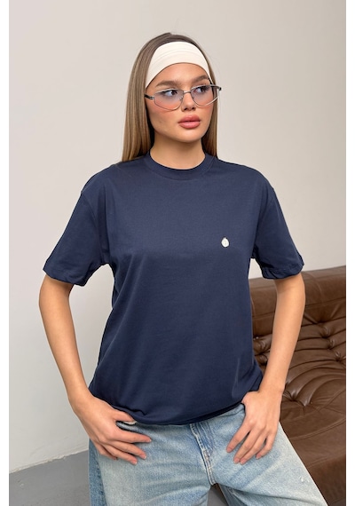 Giysa Kadın Gümüş Aksesuar Detaylı Pamuklu T-shirt Lacivert - 26y 26510