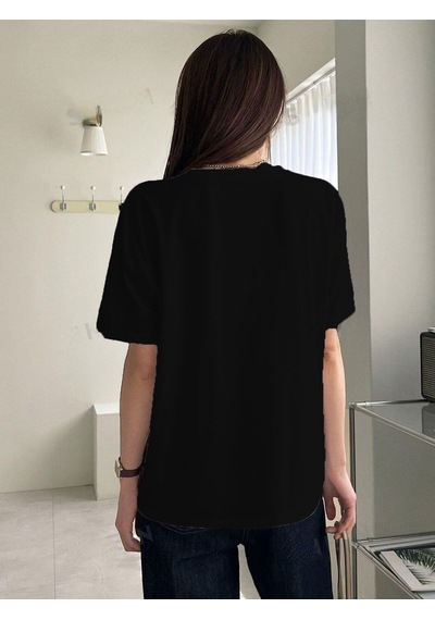 Çift Kalp Logo T-shirt - Siyah Baskılı Oversize Bisiklet Yaka Kısa Kol Tişört Siyah