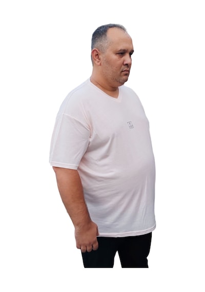 Big Nona Erkek Büyük Beden Unisex T-shirt V Yaka Toz Pempe Pembe
