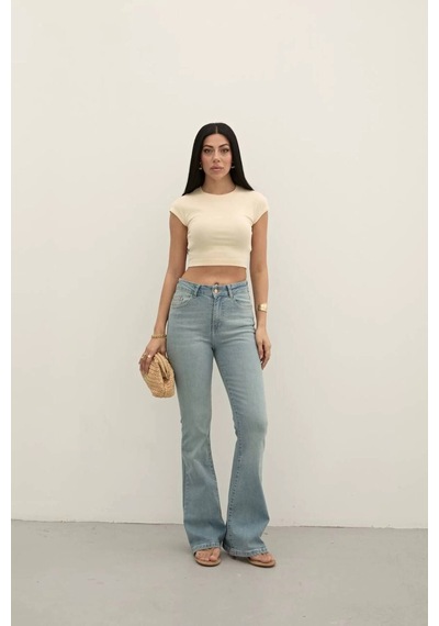 Light Blue Premium Yüksek Bel Bronz Düğmeli İspanyol Paça Jeans Light Blue