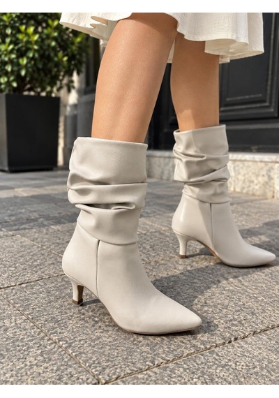 Asmi Shoes Kadın Gina Krem Körüklü 6 Cm Topuklu Sivri Burun İnce Topuk Yarım Boy Çizme