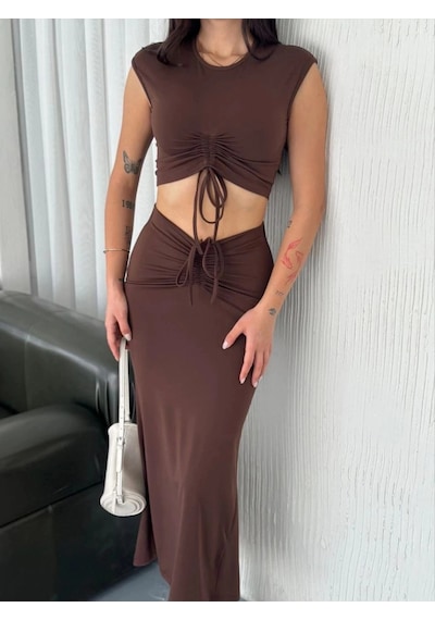 Freedom Store Osy Modal Yumuşak Dokulu Kumaş Büzgülü Crop Etek Takım -kahverengi