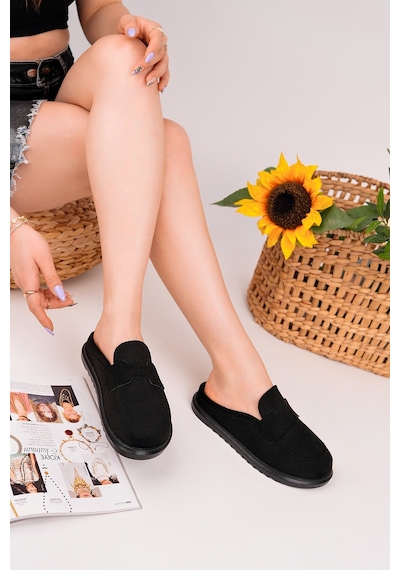 Muggo Vintage Süet Deri Günlük Rahat Önü Kapalı Kadın Loafer Terlik Siyah