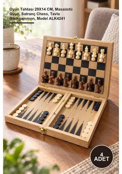 4 Adet Ahşap Satranç Ve Tavla Seti Oyun Tahtası 29x14 Cm, Masaüstü Oyun, Satranç Chess, Tavla Backgammon, Model Alk4241
