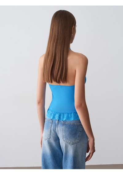 Dilvin 10868 Dantel Detaylı Halter Yaka Triko Bluz-turkuaz