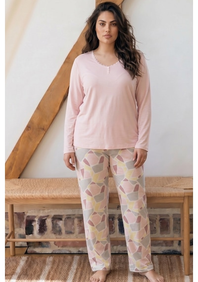 Siyah İnci Desenli Düğmeli Büyük Beden Battal Boy Viskon Örme Pijama Takım 26224803 Somon