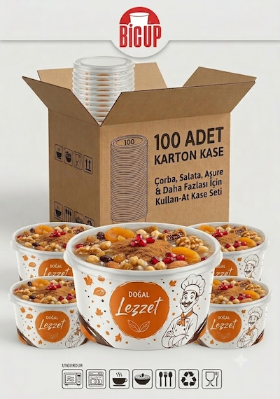 100 Adet Kapaklı Karton Kase Çorba Salata Aşure Yemek Kasesi Piknik Tabağı 14 Oz Karton Kase Isıya Dayanıklı Parti Tabağı