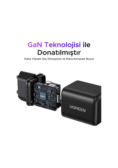 Ugreen 20w Gan Hızlı Şarj Cihazı Type-c Qc Pd 1xusb-c, Siyah, 55553