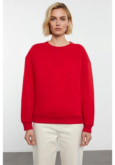 Benerly Kadın Bisiklet Yaka Düşük Kol Regular Kalıp Örme Sweatshirt Fonks Kırmızı