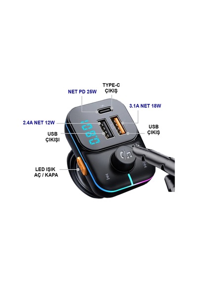 55w Hızlı Şarj Destekli Çift Usb + Type-c Çıkışlı Bluetooth Fm Modülatör Transmitter Mt9874