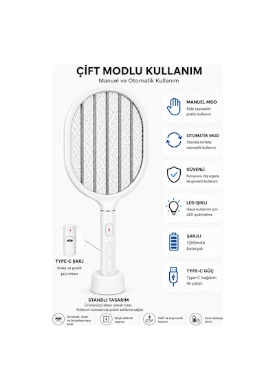 Glr Ltd-718 Beyaz Elektrikli Sinek Raketi 1200mah Bataryalı, Type-c Şarjlı, Dijital Ekranlı Sinek Ö