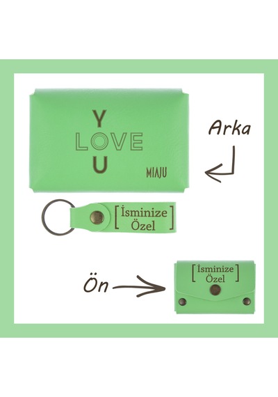 Miaju Fıstık Yeşil, I Love You Desenli, İsme Özel Cüzdan Ve Anahtarlık Set, Mükemmel Hediyelik Anı Fıstık Yeşil
