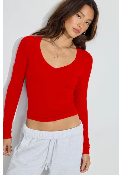 Madmext Kırmızı V Yaka Uzun Kollu Kaşkorse Body Mg2192 Kırmızı