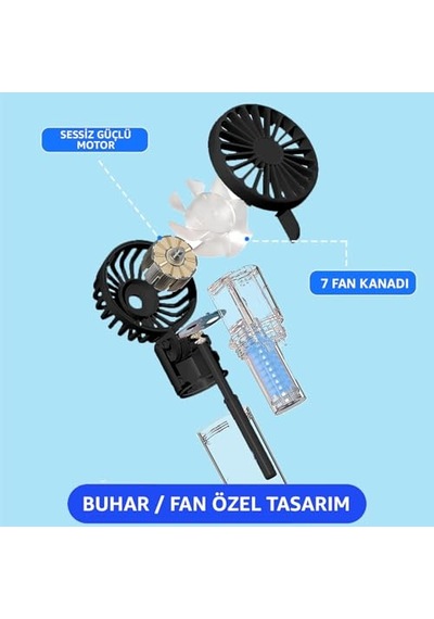 Tutulabilir Taşınabilir Buharlı Vantilatör Mini Fan 4 Hız Ayarı Şarjlı Misting Özelliği Kompakt Ve Hafif Tasar