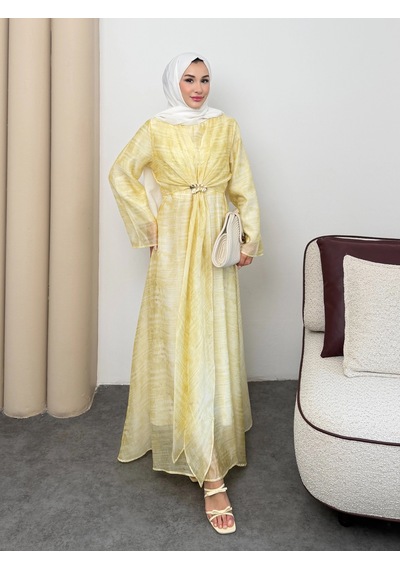 Mihran Butik Silk Model Kemerli Bilek Büzgü Desen Detaylı Kadın Elbise Sarı