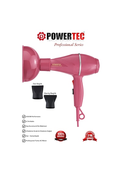 Powertec TR-501+Renkli Hacimlendirici Difüzör Başlıklı Profesyonel Saç Kurutma ve Fön Makinesi