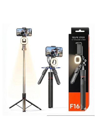 F16 Selfie Çubuğu Işıklı Tripod Bluetooth Uzaktan Kumandalı 360' Dönebilen Çok Amaçlı Tripod Siyah