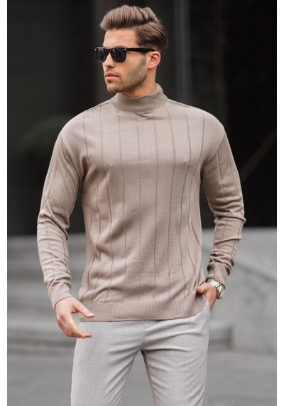Madmext Vizon Slim Fit Yarım Balıkçı Yaka Çizgili Tüylenmeyen Erkek Triko Kazak 6344