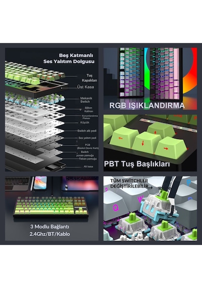 K88 Mekanik Oyun Klavyesi- 3 Modlu Hot Swap Rgb 4000 Mah Batarya