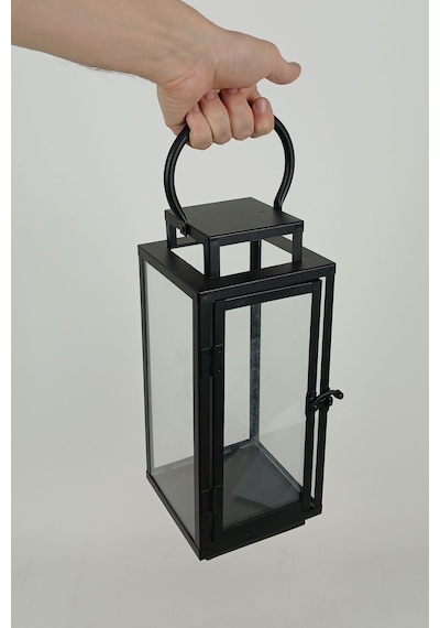 Cam Panelli 31 Cm Metal Mumluk Fener - Askılı Dikdörtgen Dekoratif Şamdan Siyah