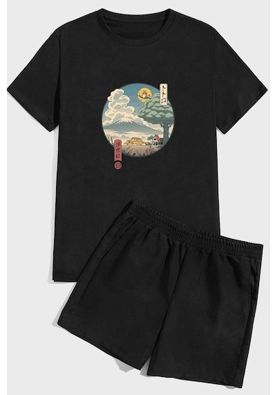 Uyguntarz Neighbor's Ukiyo E Baskı Şort Takım Siyah