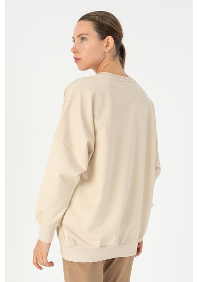 Maraton Oversize Kadın Bisiklet Yaka Bej- Sweatshirt Bej-