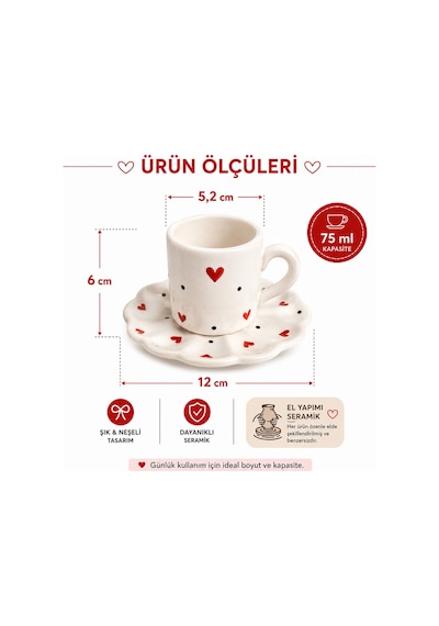 El Yapımı Seramik Türk Kahvesi Fincan Takımı,2 Kişilik-4 Parça Fincan Seti,75 Ml Çok Renkli - Kırmızı Kalp Desen