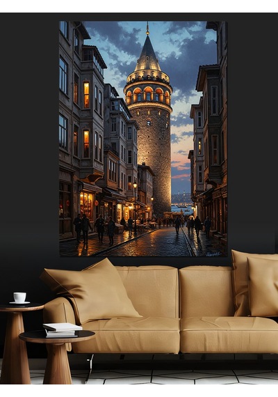 Ahşap Tablo Gece Galata Kulesi Sokağı