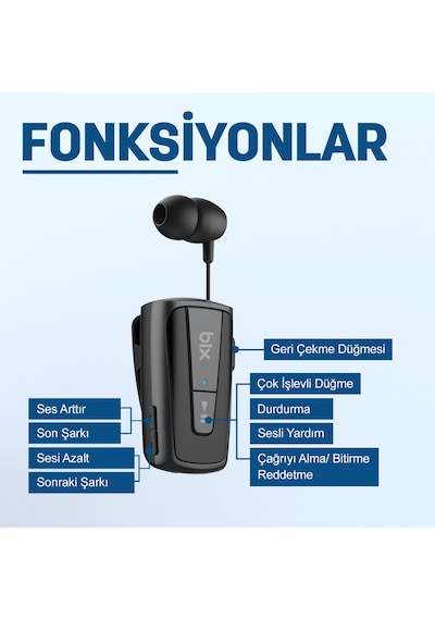 Bix Soundcraft TW7 Makaralı Çekilebilir Klipsli Bt 5.3 Kulaklık