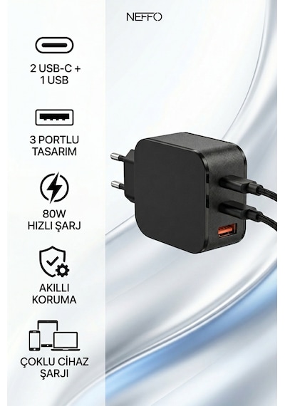 80w Çift Portlu 2x Usb-c Usb-a Girişli Akıllı Hızlı Şarj Adaptörü
