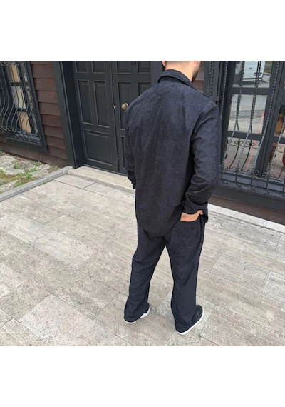 Primemağazam Erkek Fitilli Kadife Cepli Buggy Pantolon Oversize Rahat Kalıp - Siyah Çeşitli